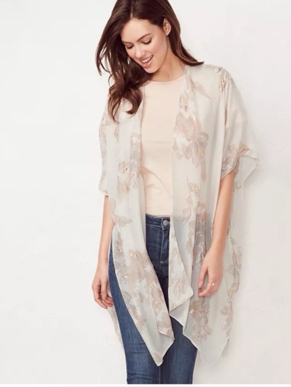 Floral Pink Kimono Duster Lightweight Semi-Sheer Metallic OS LC Lauren Conrad